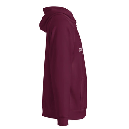 Unisex burgundy organic cotton raglan hoodie by Fog & Foundry, featuring a casual, comfortable fit and San Francisco style.
