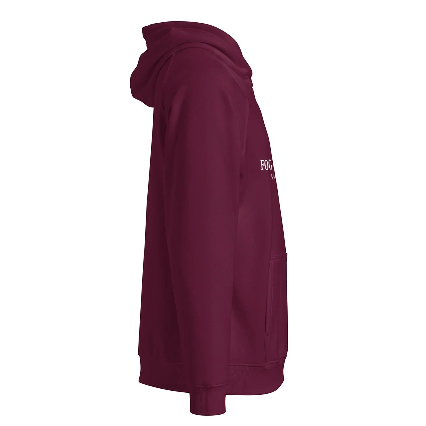 Unisex burgundy organic cotton raglan hoodie by Fog & Foundry, featuring a casual, comfortable fit and San Francisco style.
