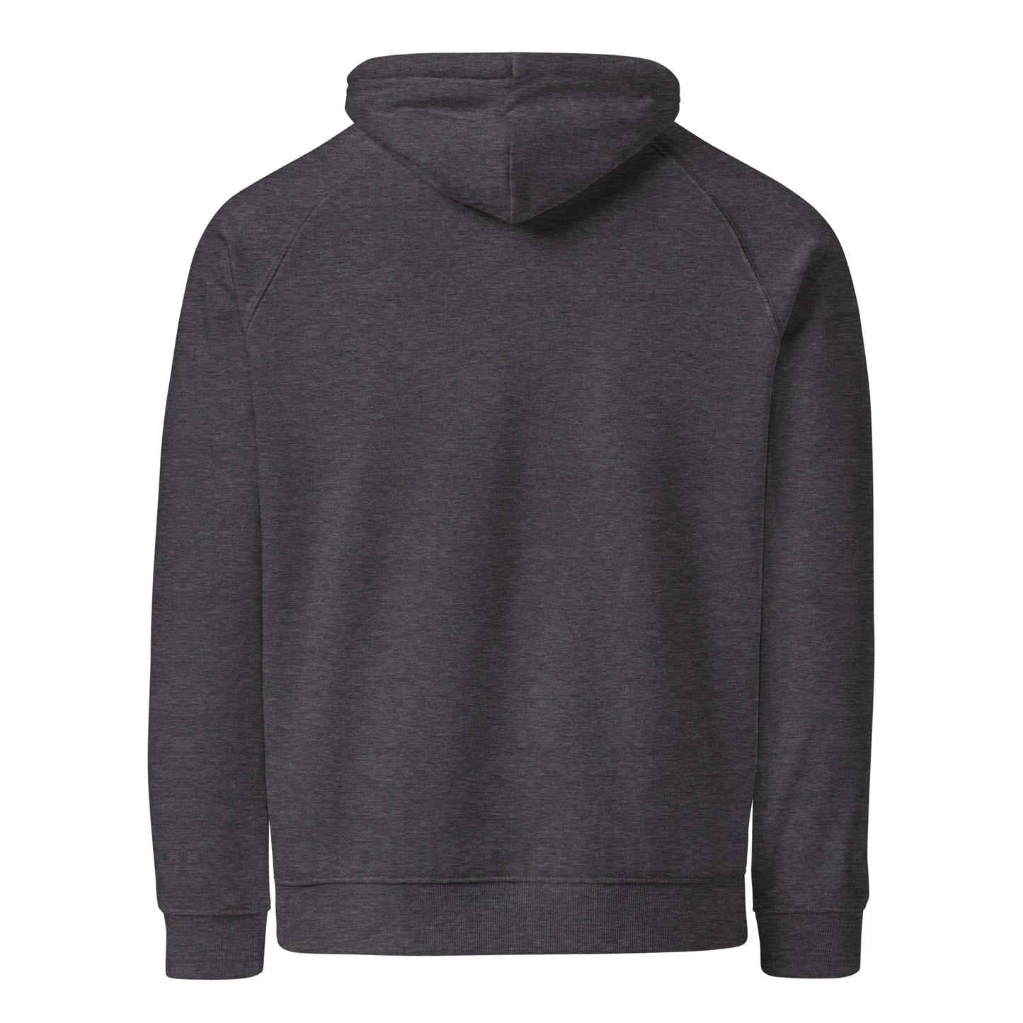 Unisex organic cotton raglan hoodie in charcoal melange with back design, by Fog & Foundry, casual and eco-friendly sweatshirt.