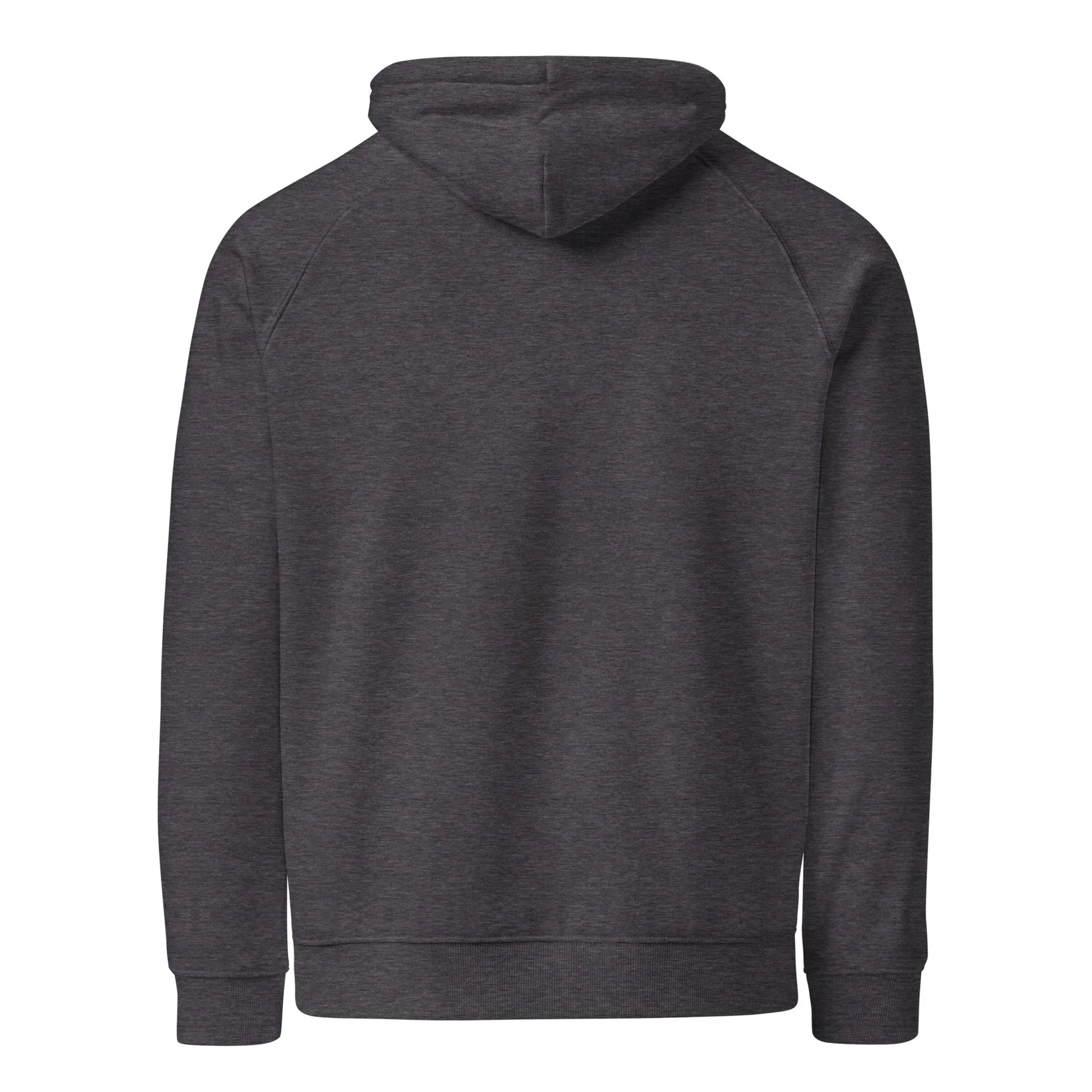Unisex organic cotton raglan hoodie in charcoal melange with back design, by Fog & Foundry, casual and eco-friendly sweatshirt.