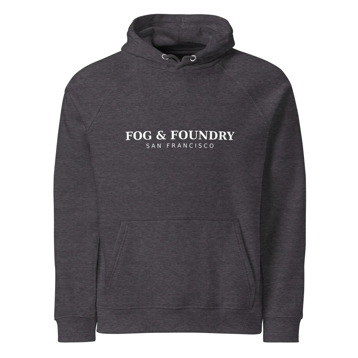Front view of Fog & Foundry organic cotton raglan hoodie in charcoal melange, unisex design, casual and comfortable style.