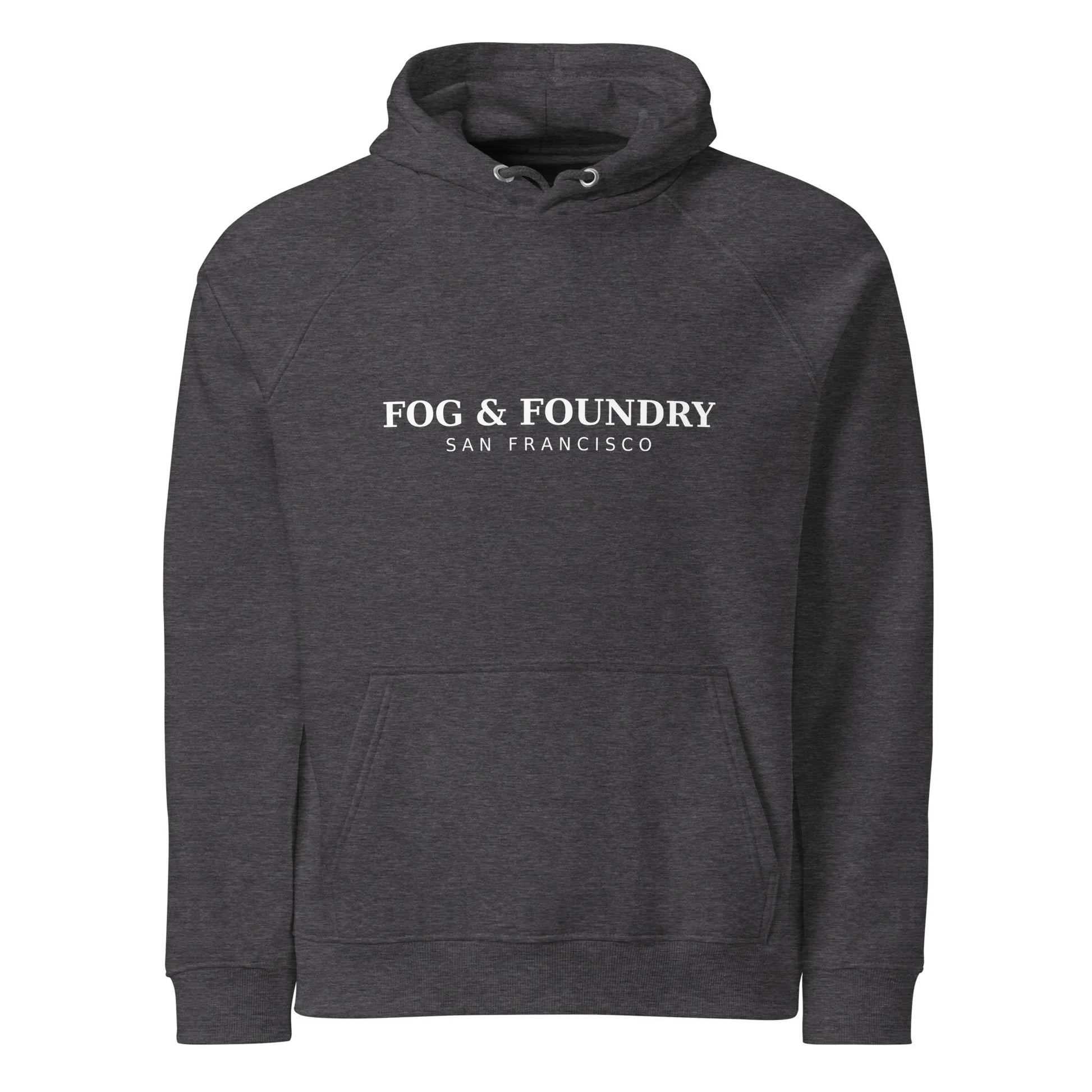 Front view of Fog & Foundry organic cotton raglan hoodie in charcoal melange, unisex design, casual and comfortable style.