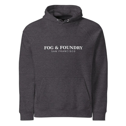 Front view of Fog & Foundry organic cotton raglan hoodie in charcoal melange, unisex design, casual and comfortable style.