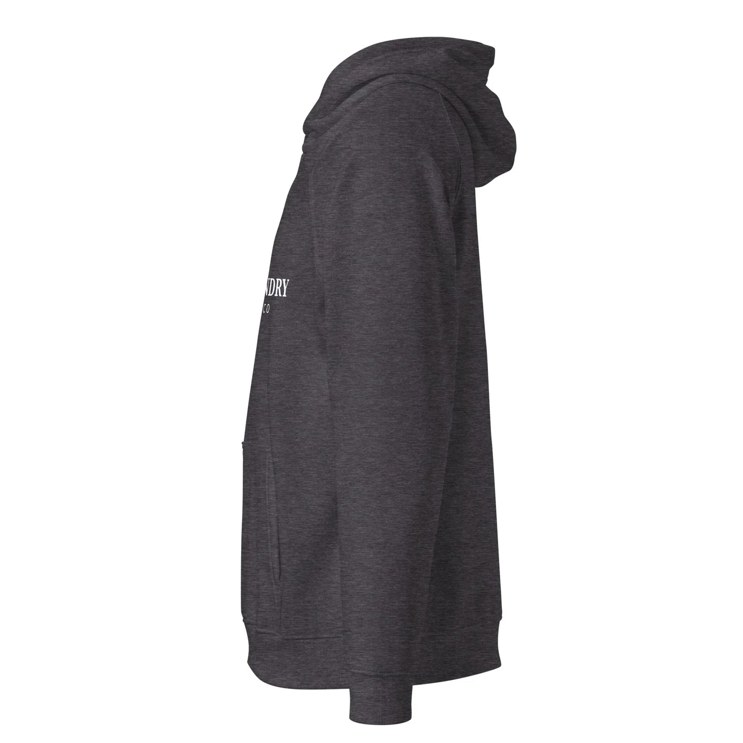 Unisex organic cotton raglan hoodie in charcoal melange by Fog & Foundry, featuring a casual, comfortable fit and classic style.