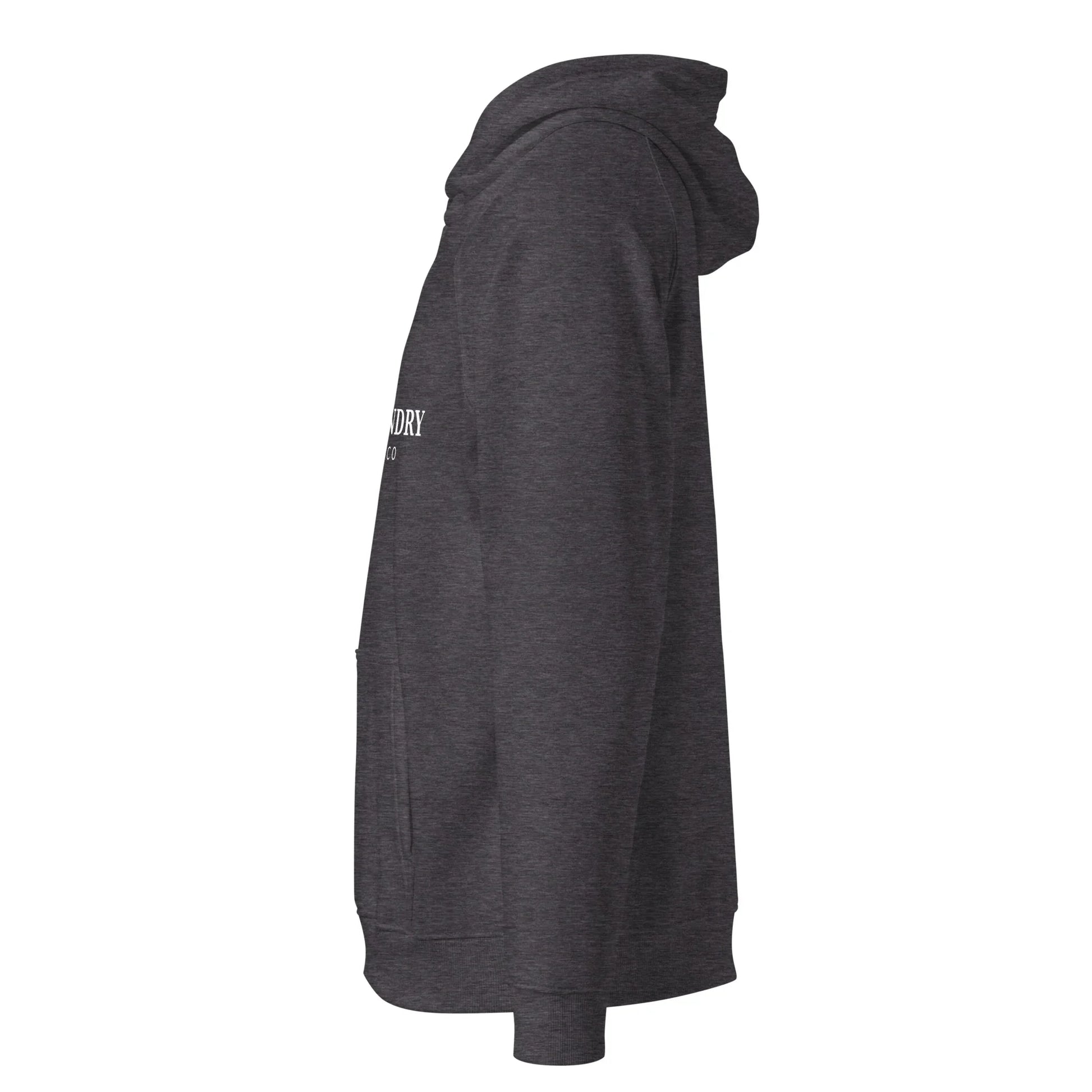 Unisex organic cotton raglan hoodie in charcoal melange by Fog & Foundry, featuring a casual, comfortable fit and classic style.