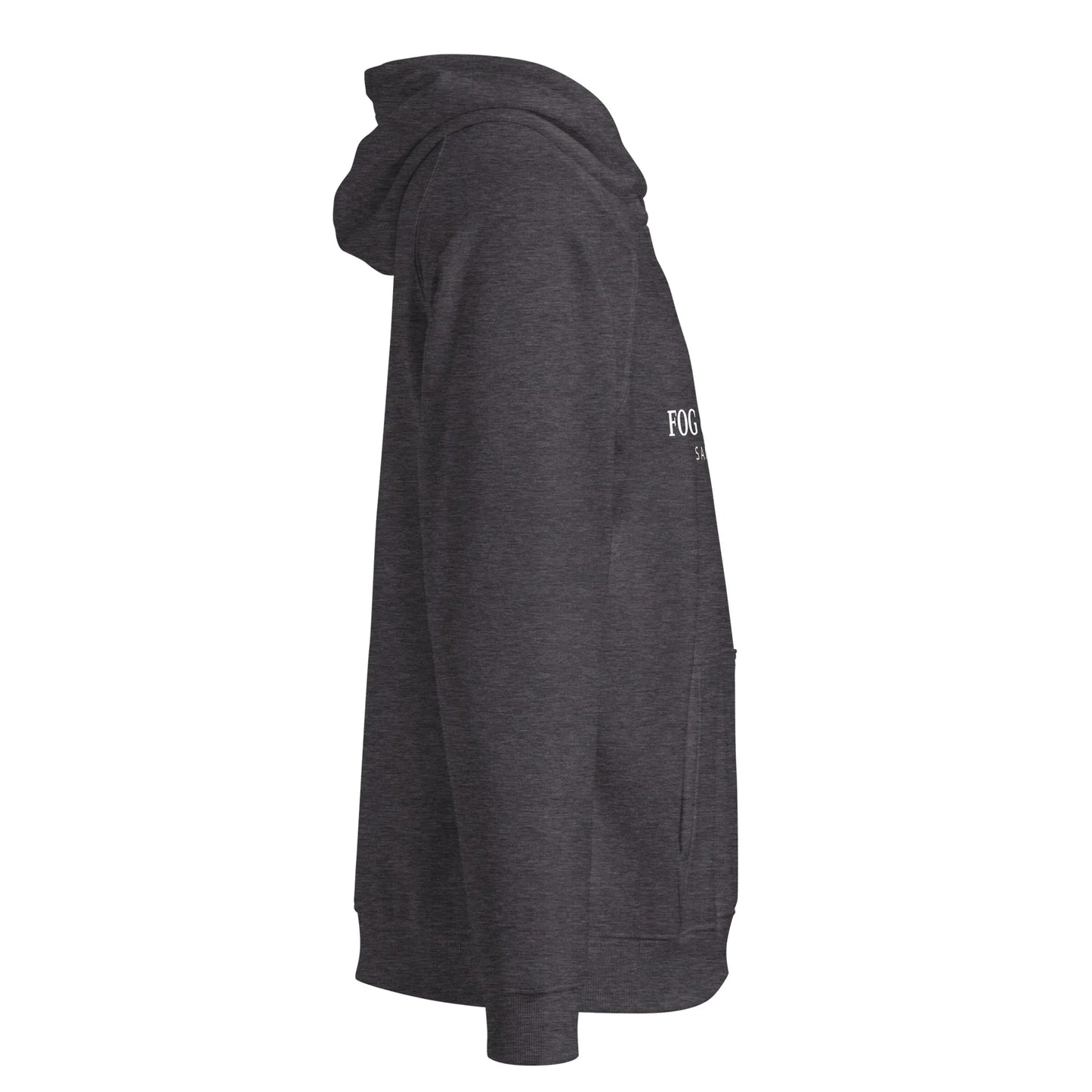 Unisex organic cotton raglan hoodie in charcoal melange with long sleeves and casual fit, by Fog & Foundry.