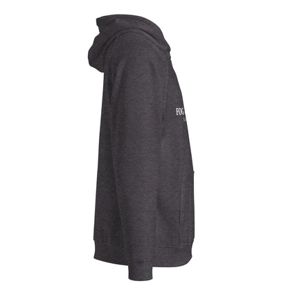 Unisex organic cotton raglan hoodie in charcoal melange with long sleeves and casual fit, by Fog & Foundry.