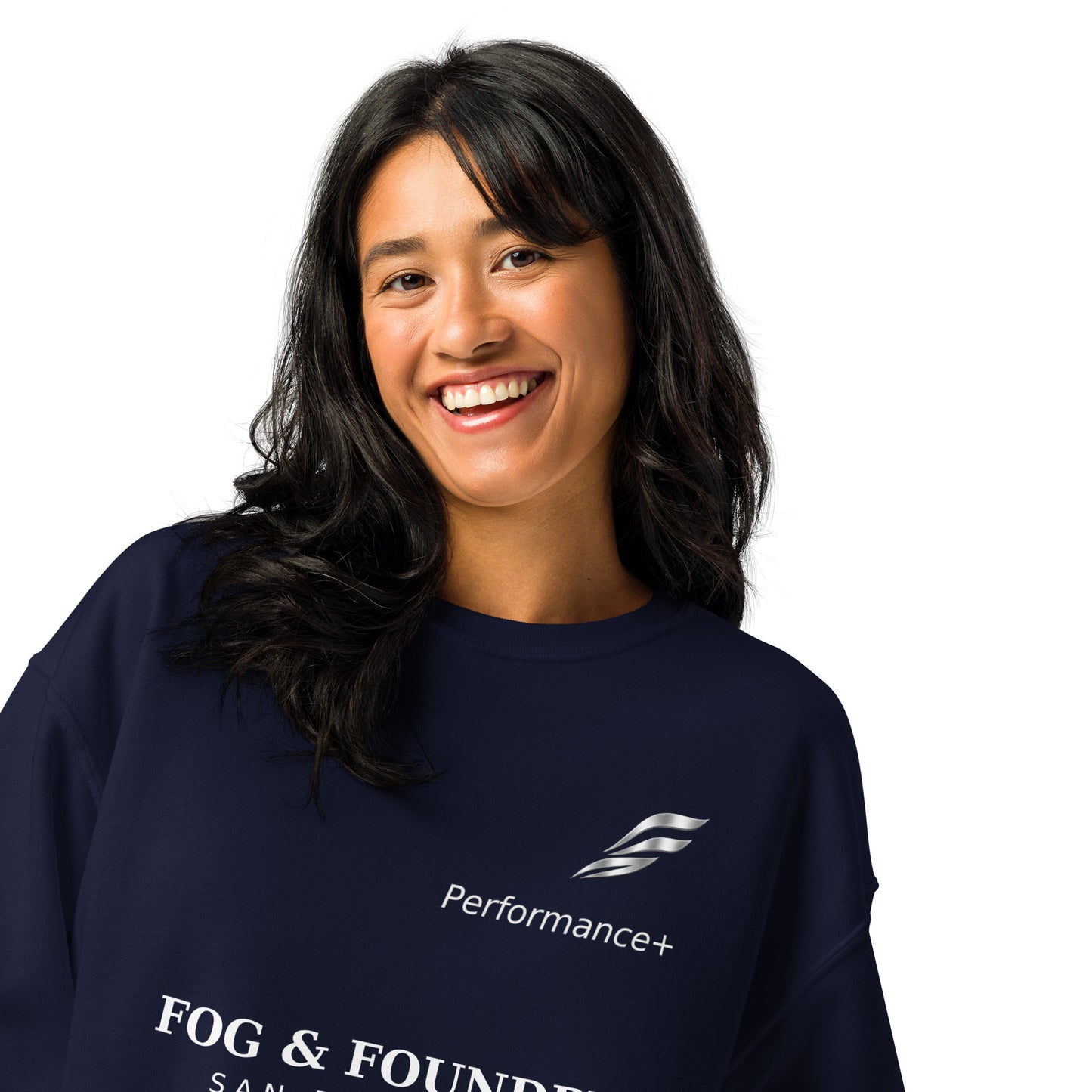 Unisex navy cotton-blend crewneck sweatshirt by Fog & Foundry with pill-resistant fleece, front view.