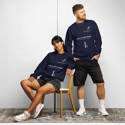Unisex navy cotton-blend crewneck sweatshirt by Fog & Foundry with pill-resistant fleece, front view showing relaxed fit and soft texture.