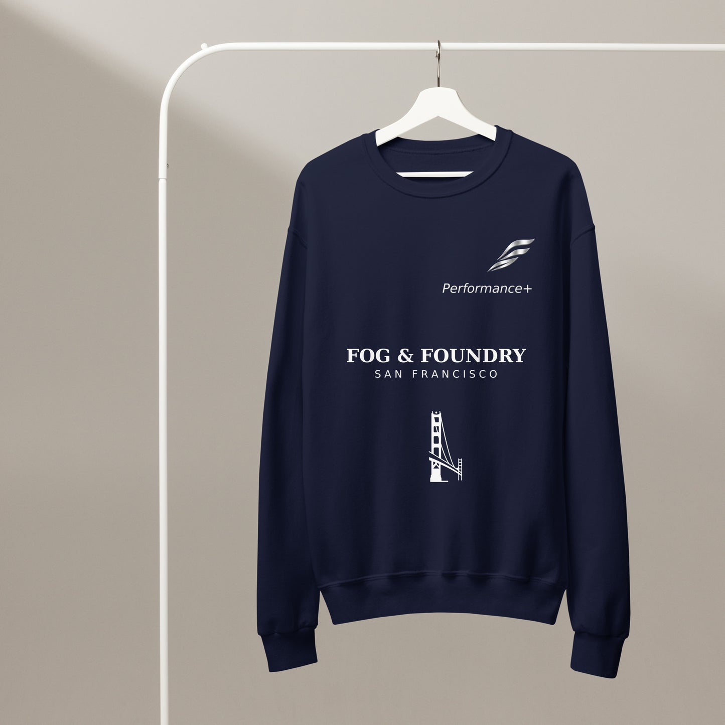 Unisex navy cotton-blend crewneck sweatshirt by Fog & Foundry with pill-resistant fleece, front view.
