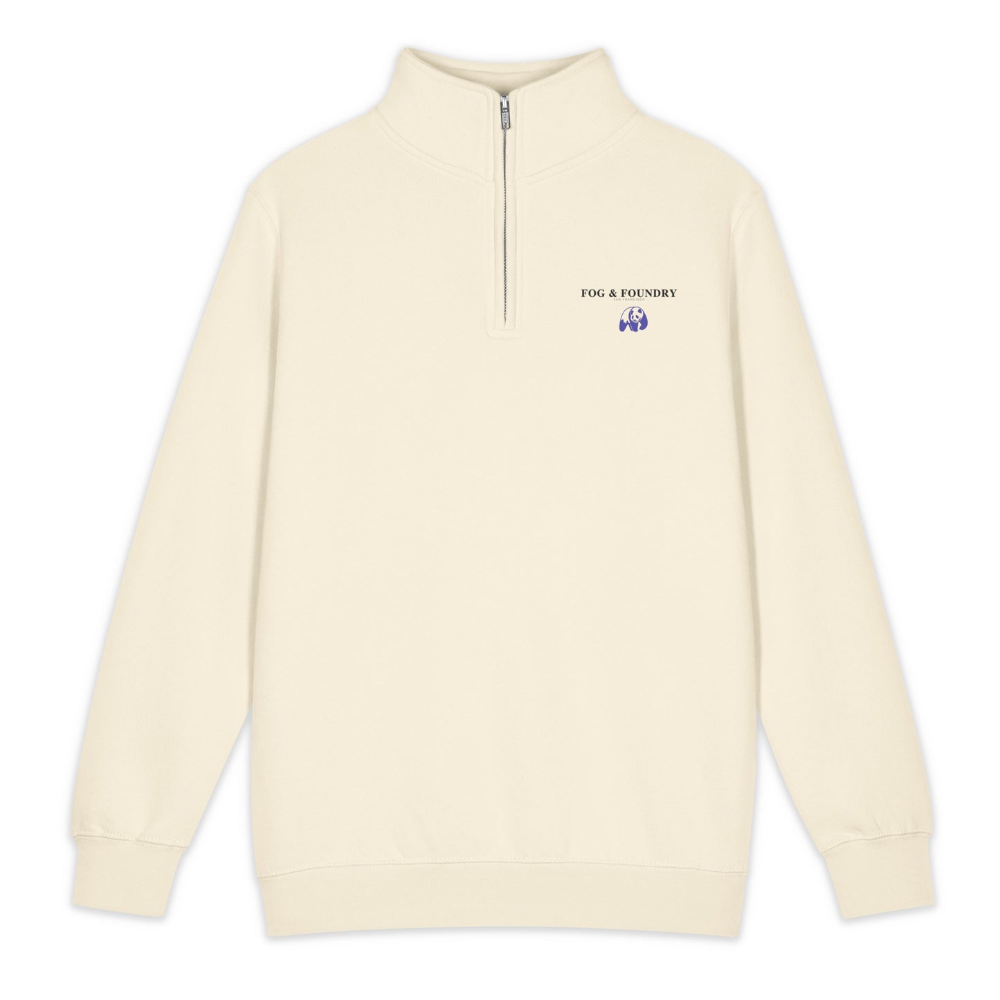 Unisex premium quarter-zip sweatshirt in sandshell color from Fog & Foundry, front view showing soft fabric and classic design.