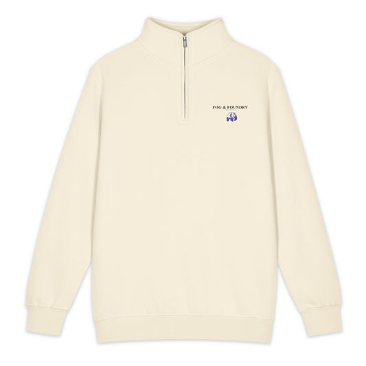 Unisex premium quarter-zip sweatshirt in sandshell color from Fog & Foundry, front view showing soft fabric and classic design.