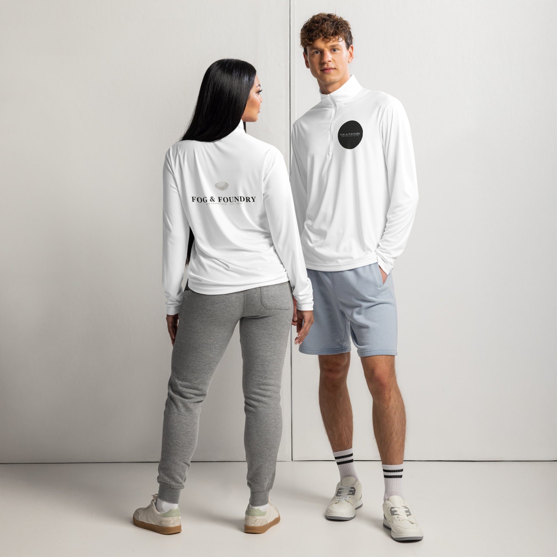 Lightweight quarter-zip pullover white front and back — Fog & Foundry