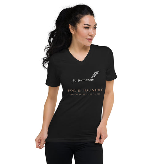 Black Fog & Foundry Performance+ V-Neck T-Shirt for men and women, front view showing the unisex design and sleek fit.
