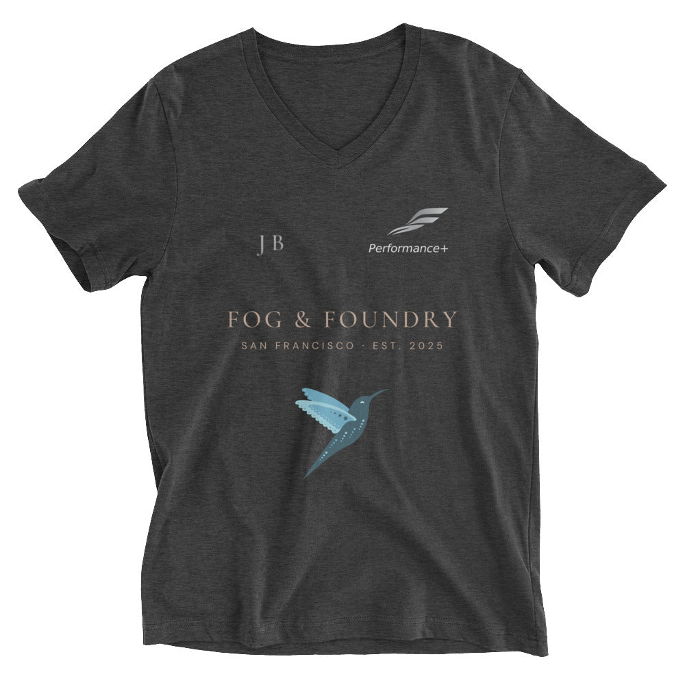Unisex JB Good Day Shirt by Fog & Foundry in dark grey heather, front view showing v-neck collar and soft cotton fabric