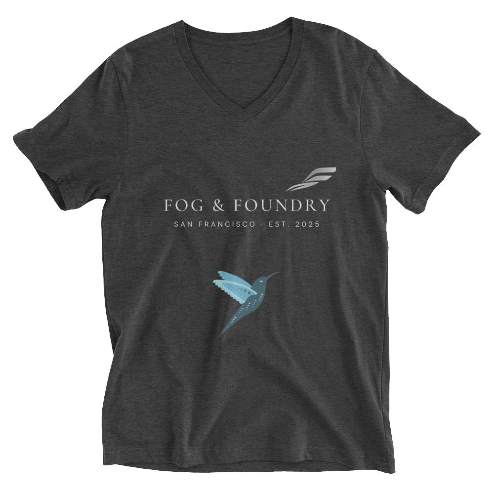 Unisex dark grey heather V-neck T-shirt by Fog & Foundry, soft fabric and classic fit, front view.