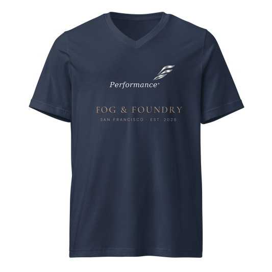 Performance+ V-Neck navy front — Fog & Foundry