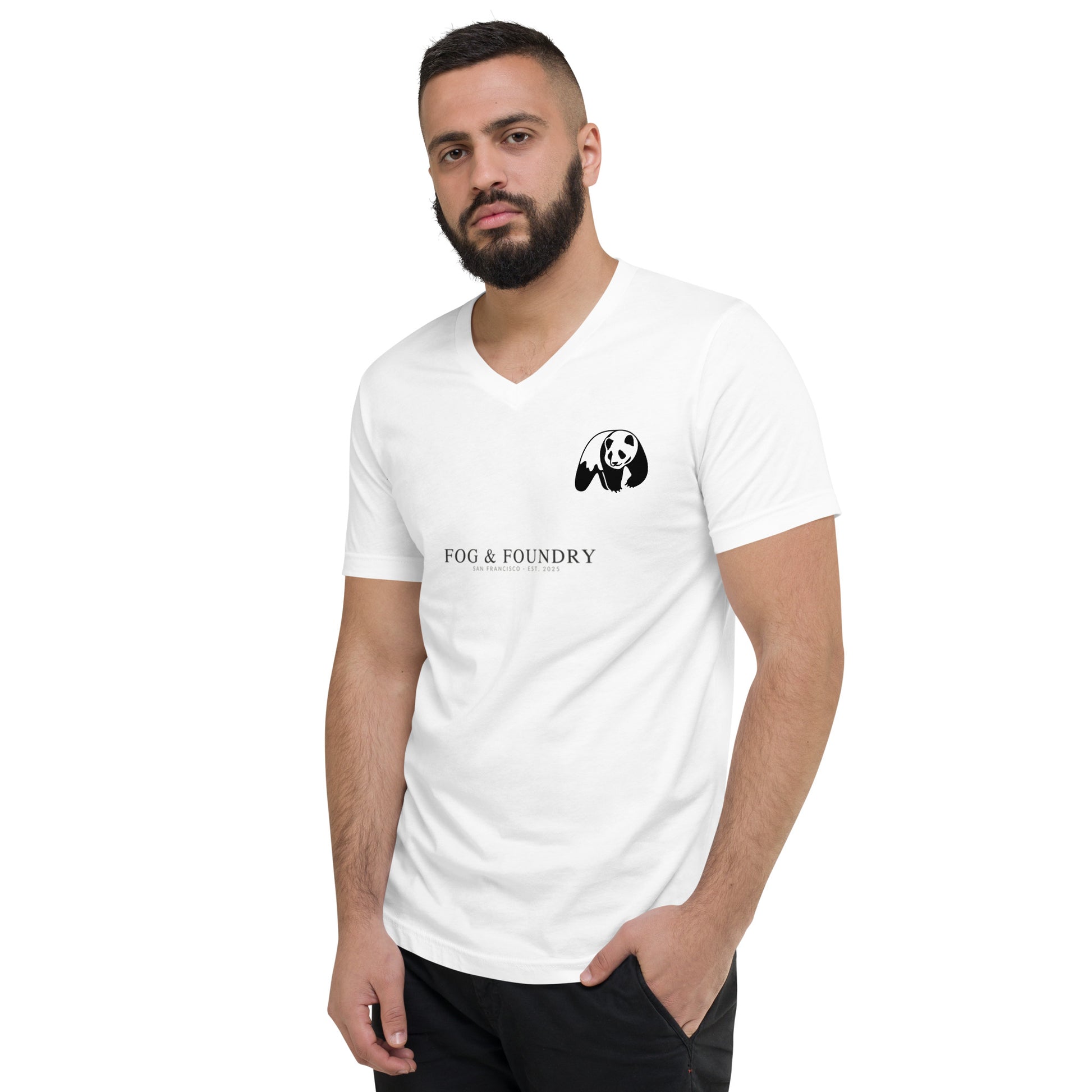 Short sleeve v-neck t-shirt white left front — Fog & Foundry
