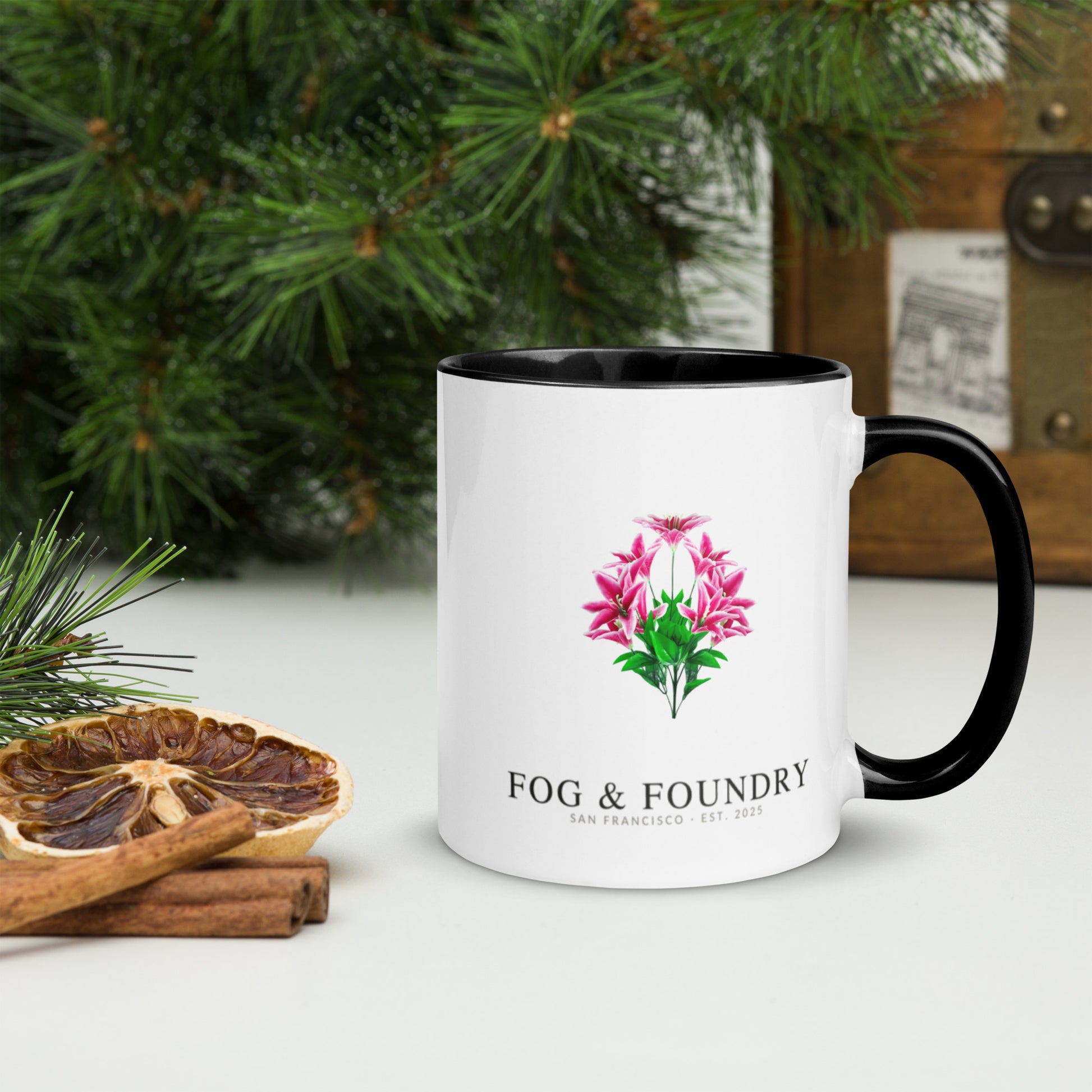The Lily mug black 11oz right — Fog & Foundry