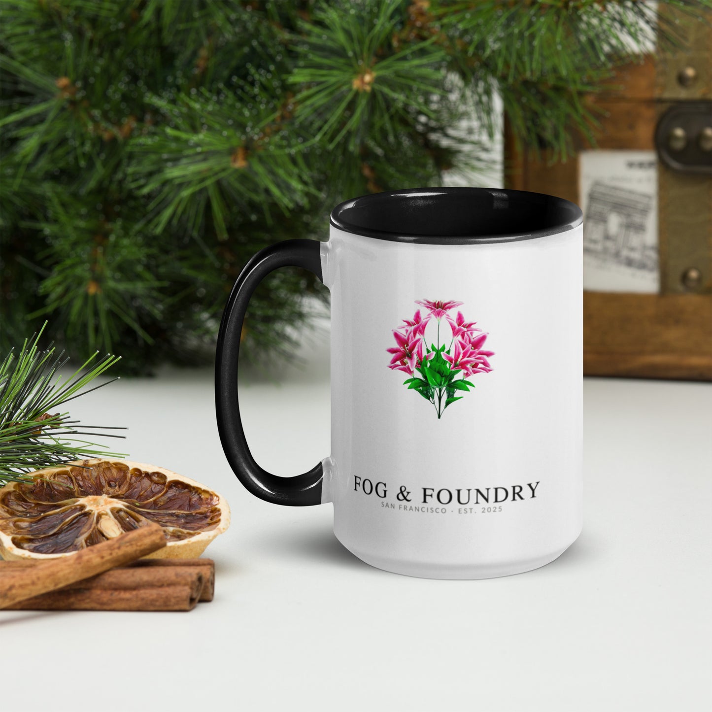 The Lily mug black 15oz left — Fog & Foundry