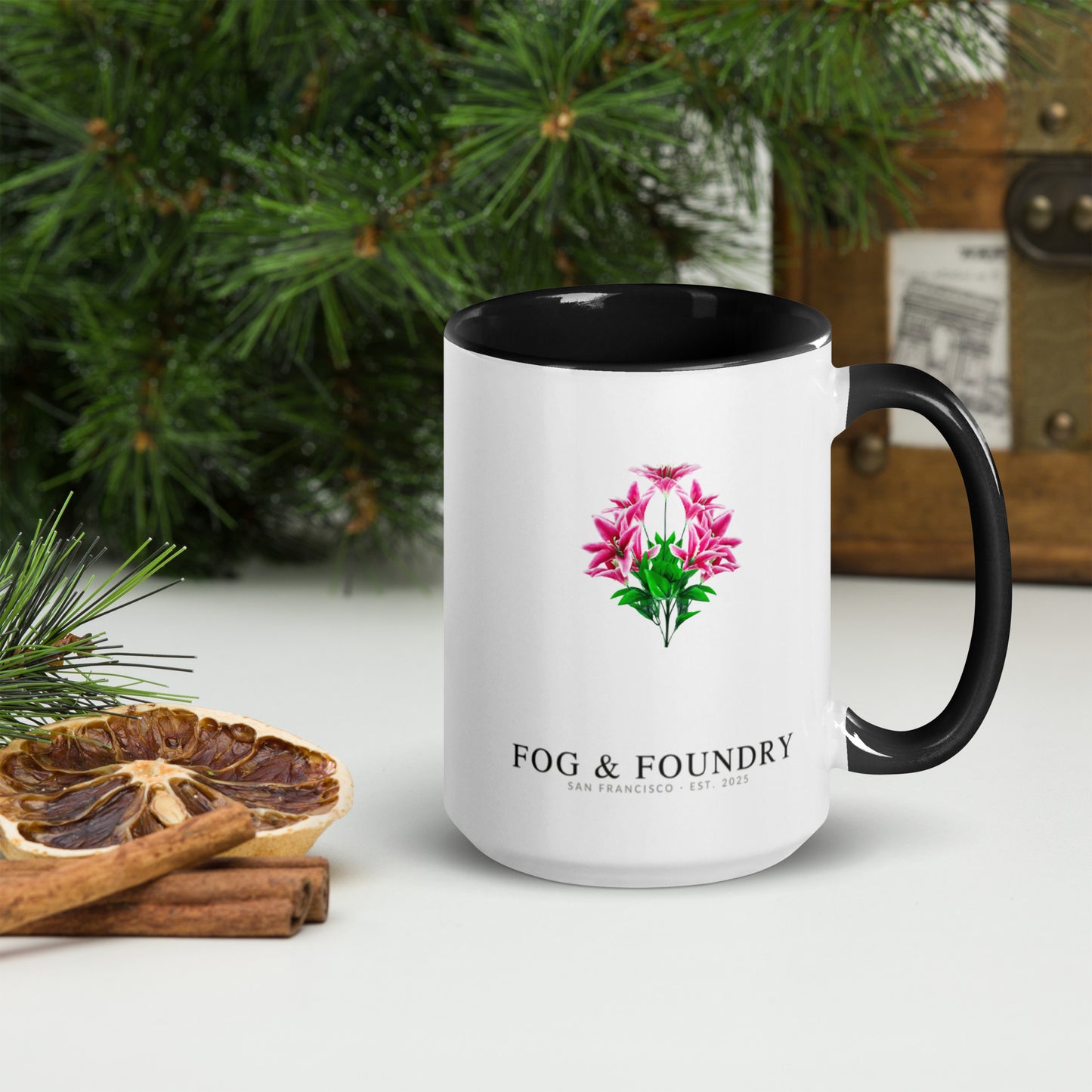The Lily mug black 15oz right — Fog & Foundry
