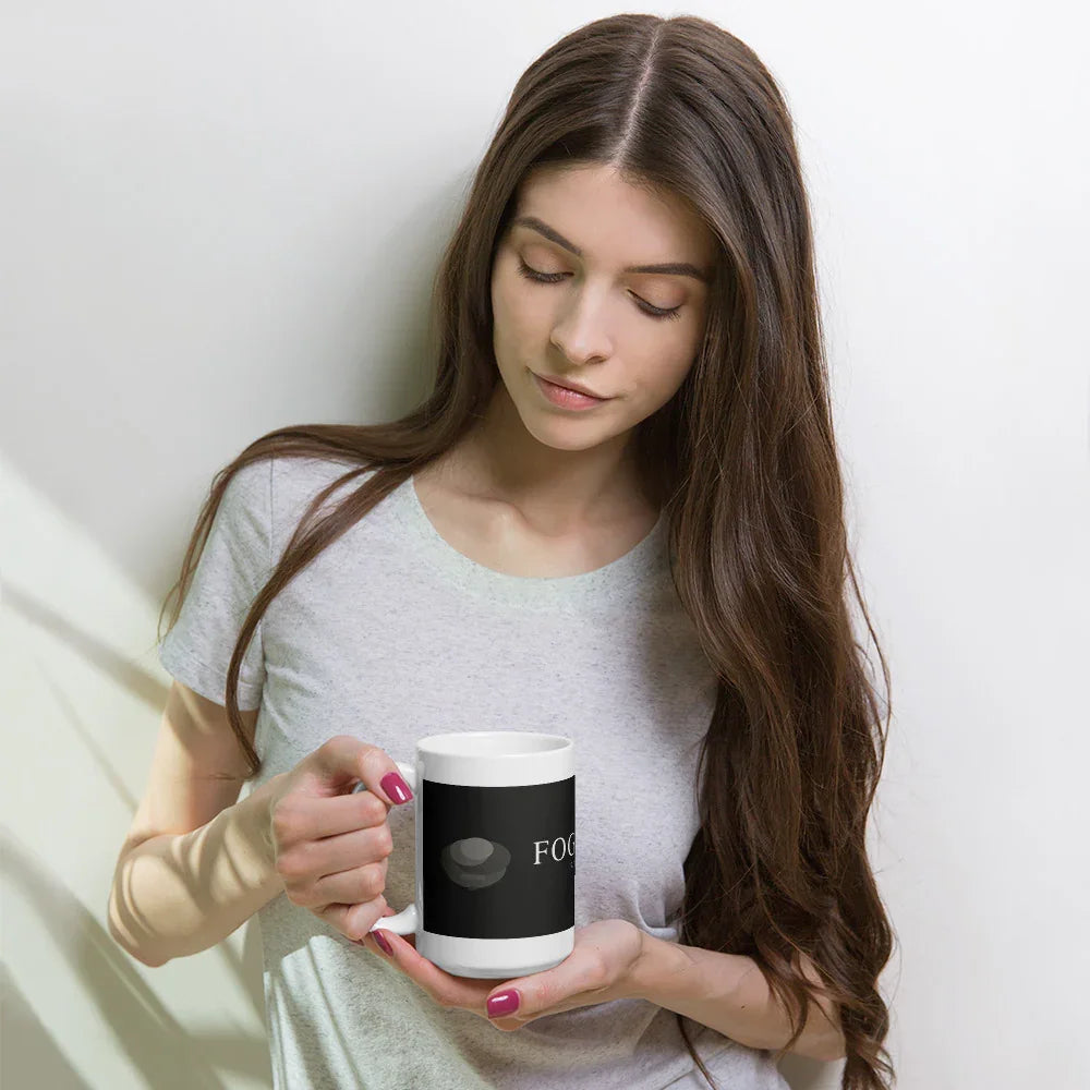 White glossy ceramic mug 15oz lifestyle — Fog & Foundry