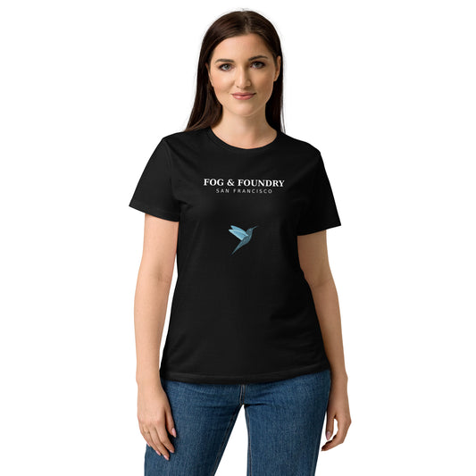 Black women's Softstyle T-Shirt by Fog & Foundry, front view showcasing a comfortable fit and classic style.