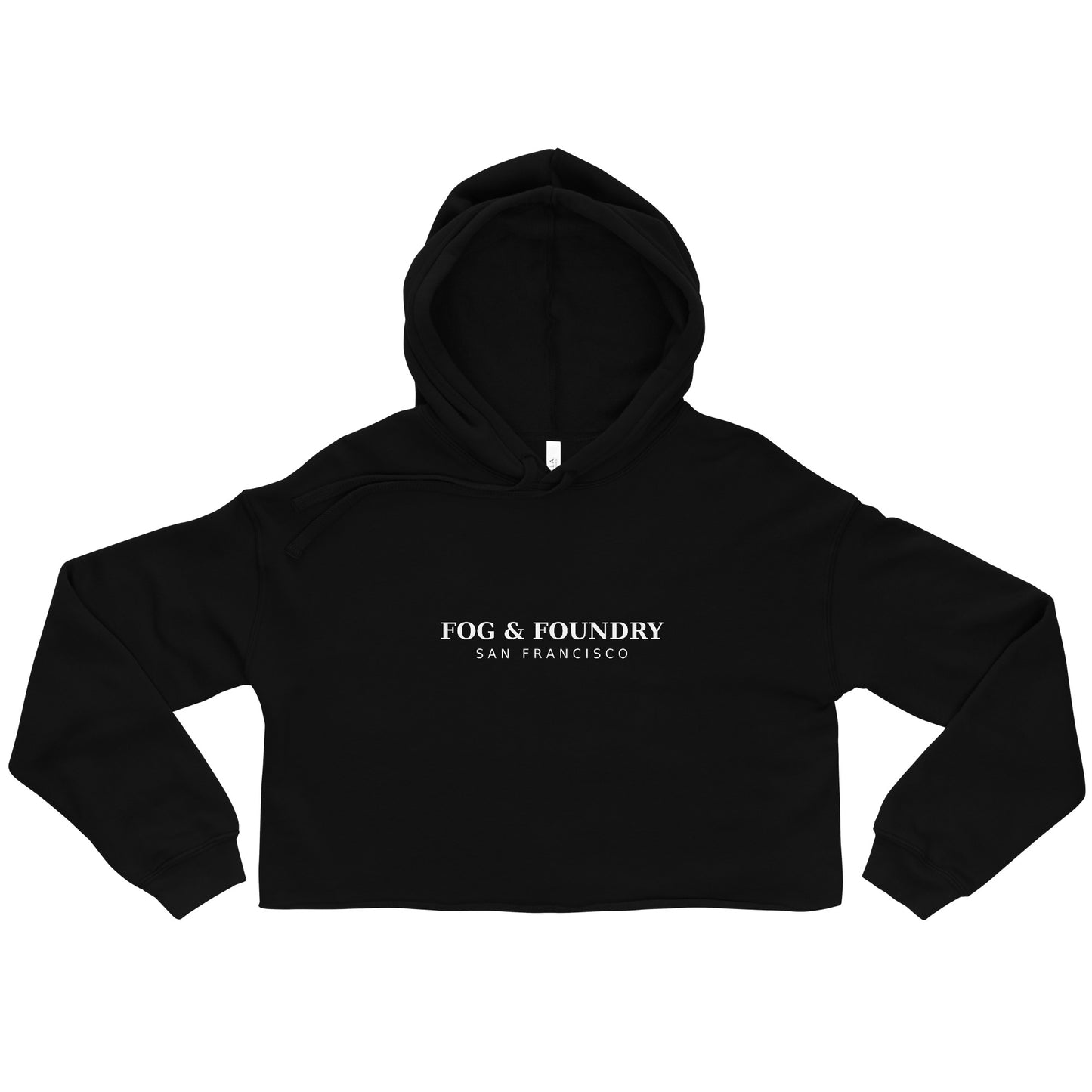 Cropped fleece hoodie raw hem black front — Fog & Foundry