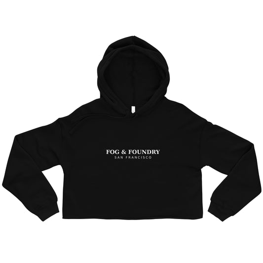 Cropped fleece hoodie raw hem black front — Fog & Foundry