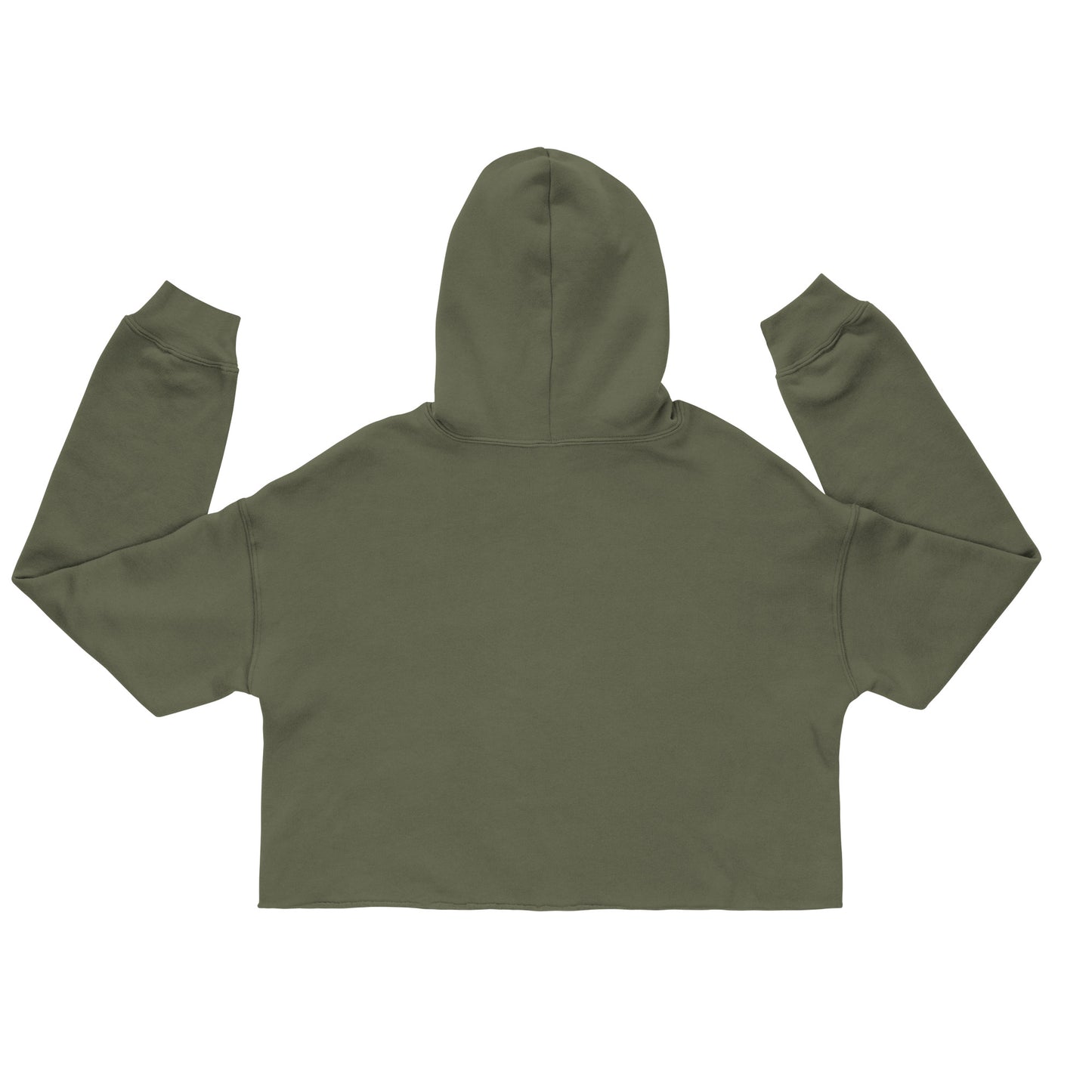 Cropped fleece hoodie raw hem military green back — Fog & Foundry