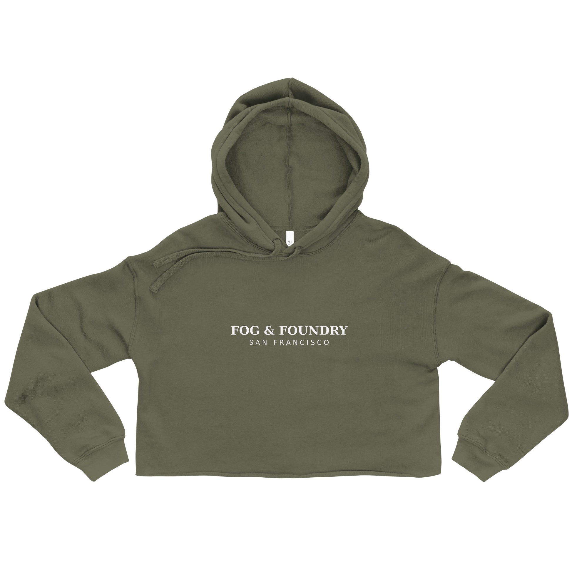 Cropped fleece hoodie raw hem military green front — Fog & Foundry