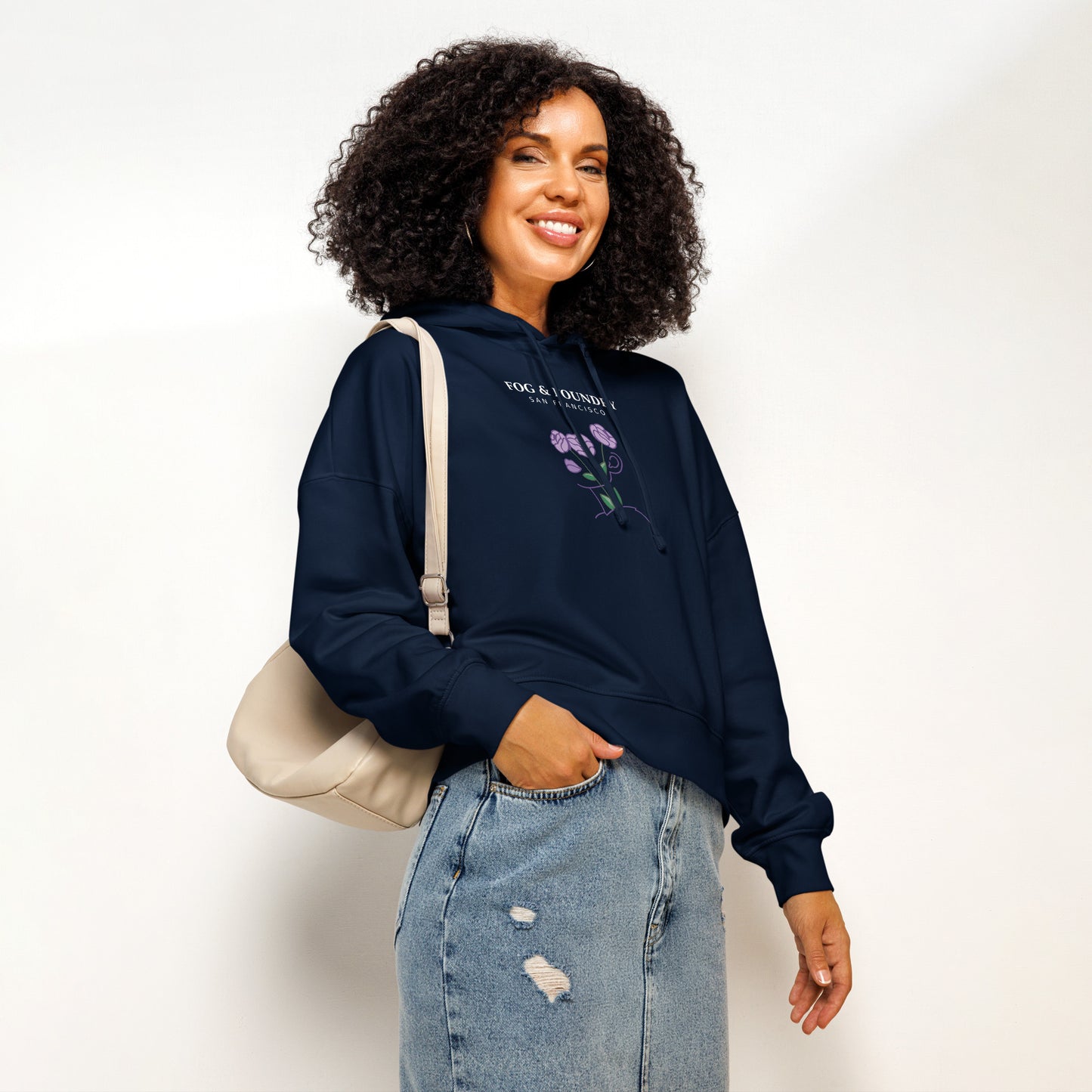 Organic cotton mid-length hoodie french navy front view 2 — Fog & Foundry
