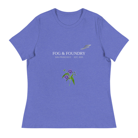 Women's relaxed Morning Glory T-Shirt in heather true royal from Fog & Foundry, shown front view in dark colors.