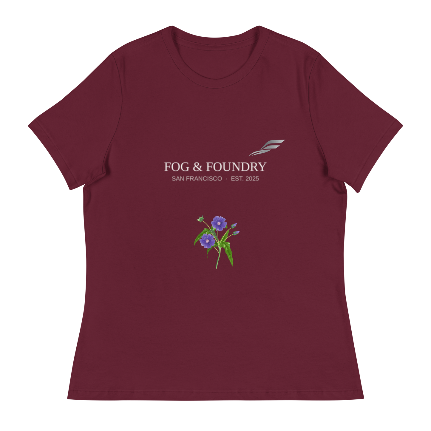 Morning Glory relaxed t-shirt maroon front — Fog & Foundry