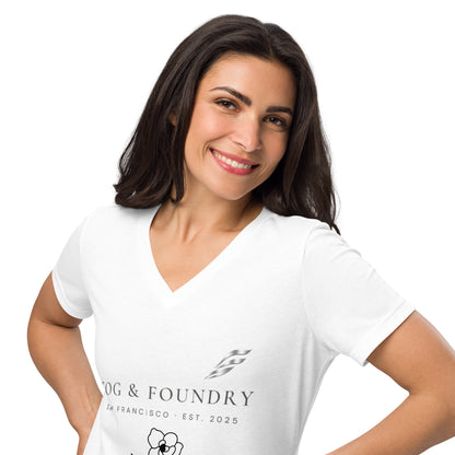 White relaxed V-neck T-shirt for women by Fog & Foundry, showing the front view with a casual fit and soft fabric.