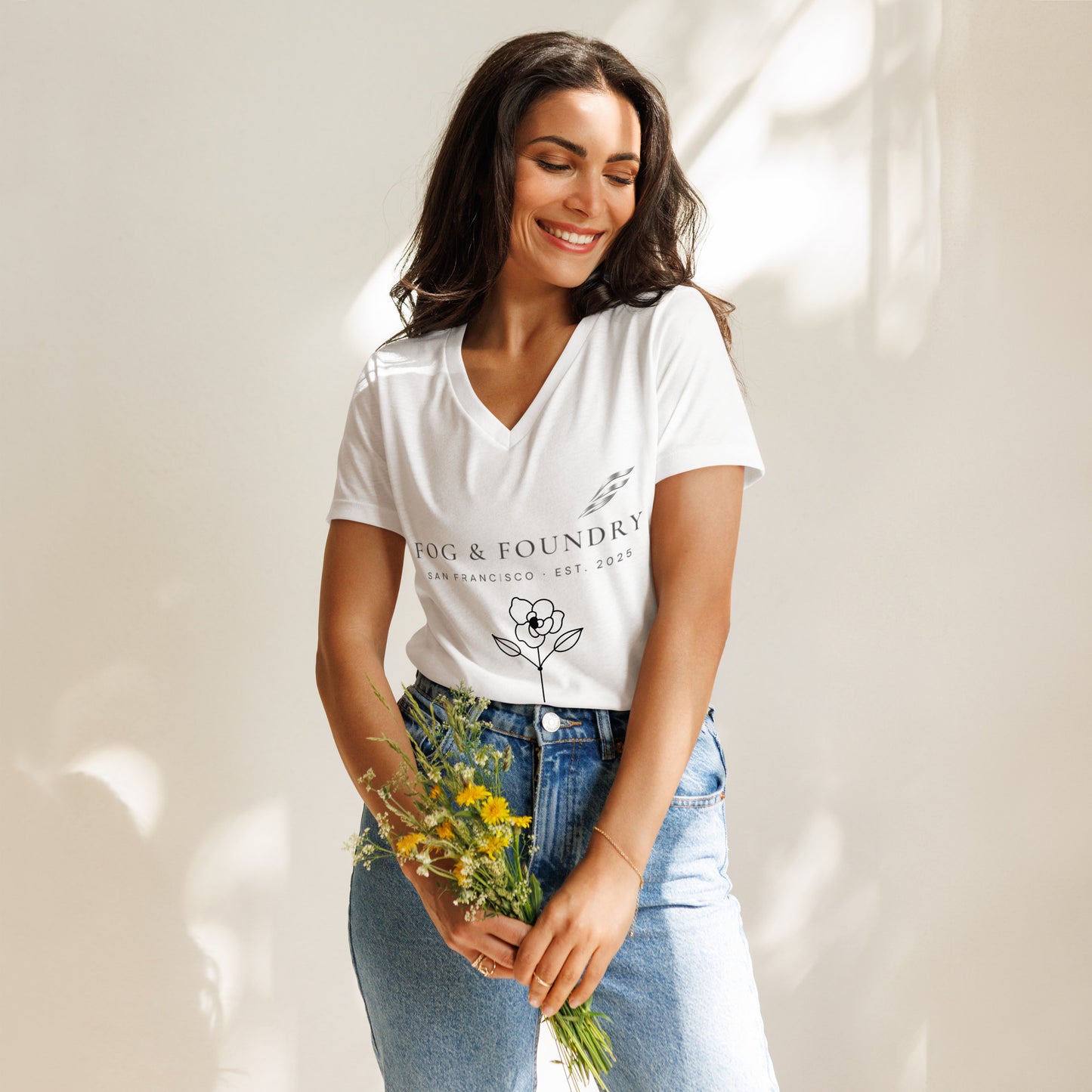 White Relaxed V-Neck T-Shirt for women by Fog & Foundry, featuring a soft cotton blend and front design.