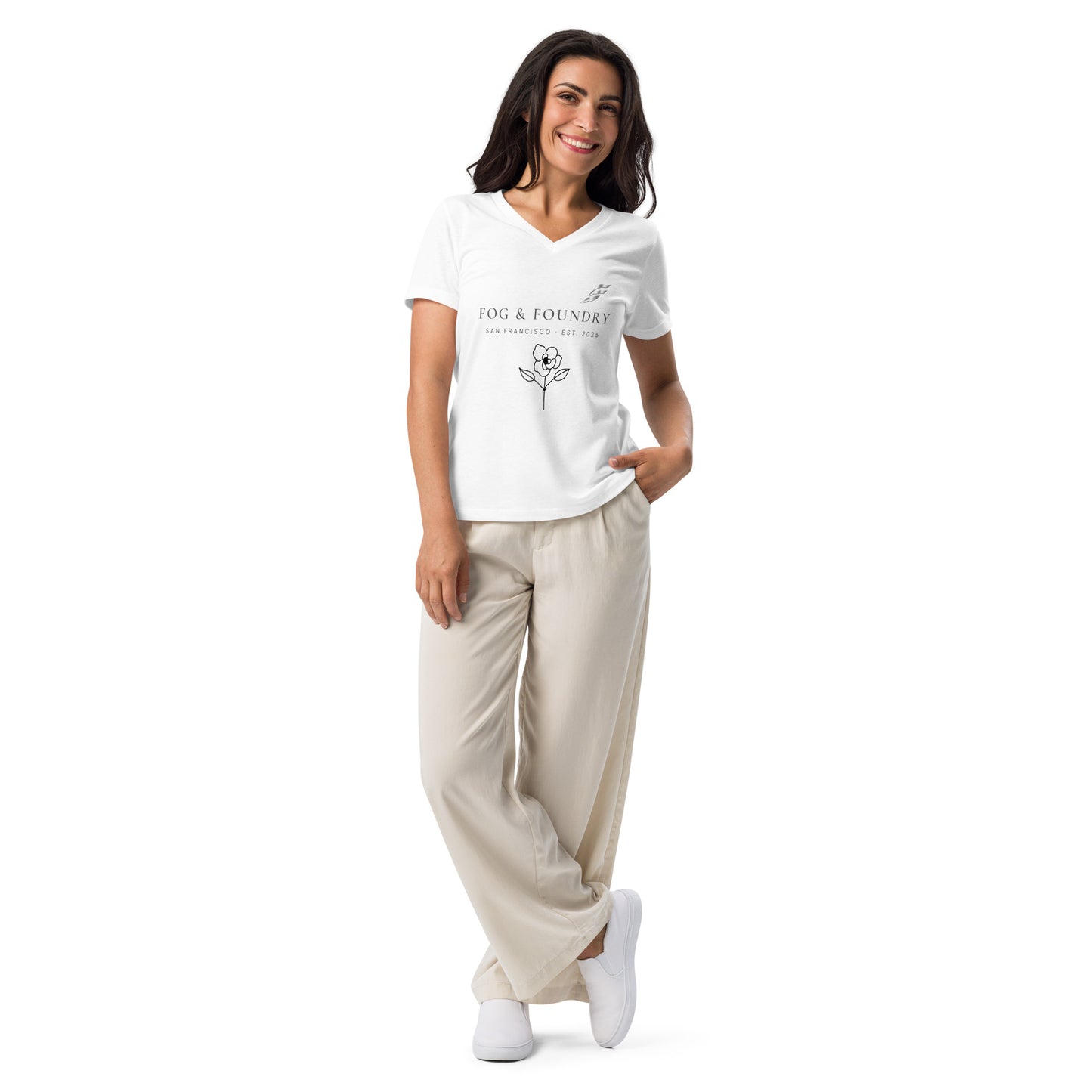 White relaxed V-neck T-shirt for women by Fog & Foundry, shown from the front with a soft, comfortable fit.