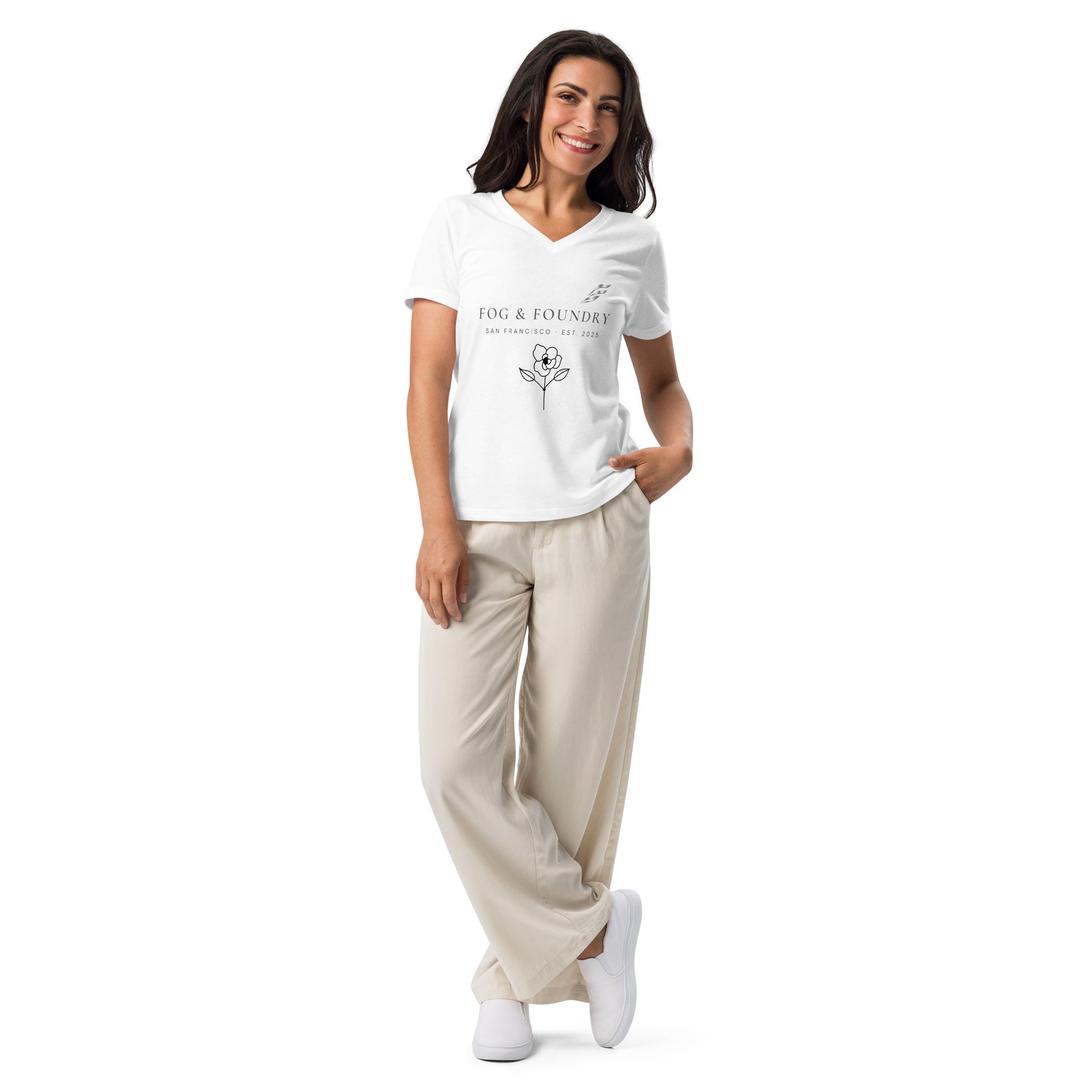 White relaxed V-neck T-shirt for women by Fog & Foundry, shown from the front with a soft, comfortable fit.