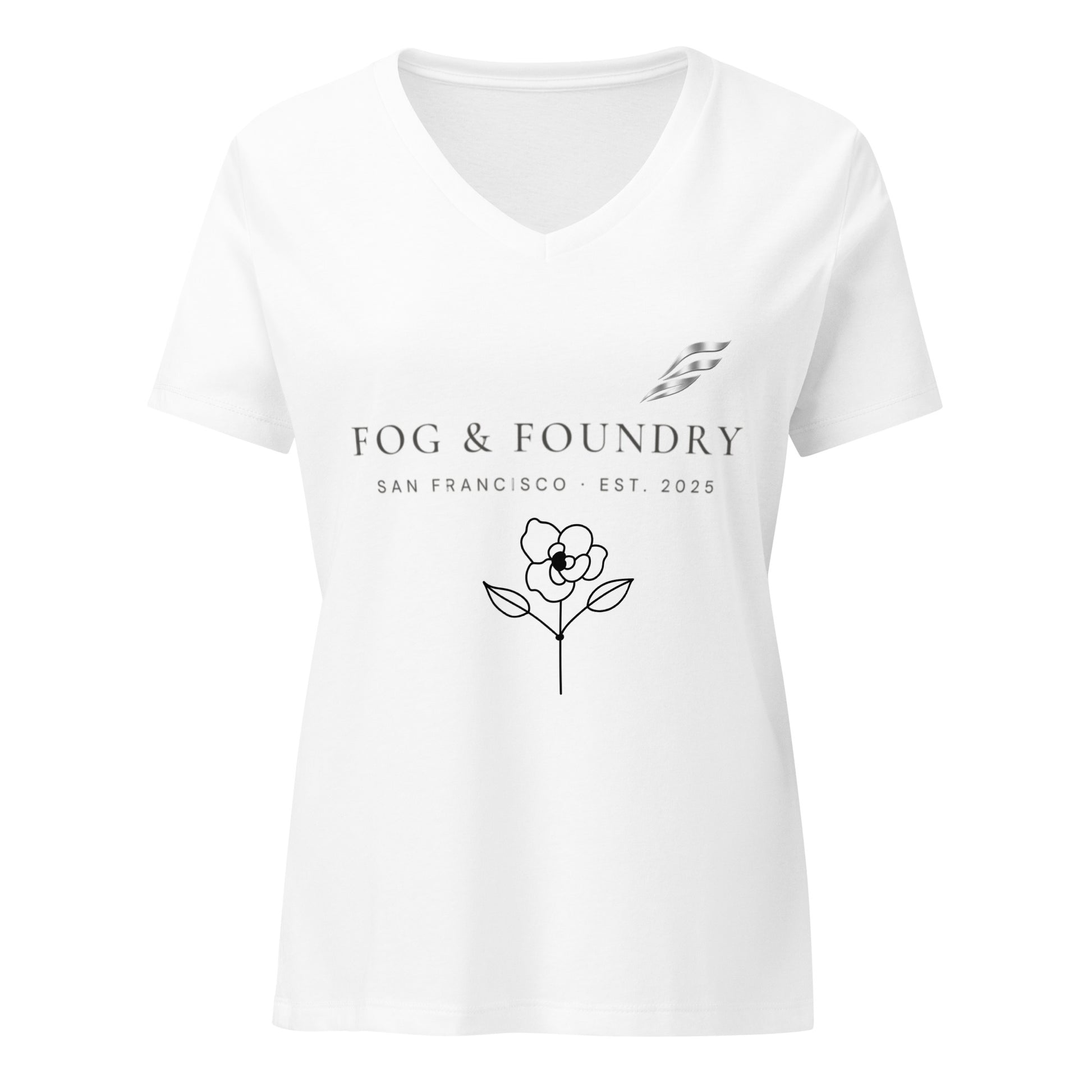 White relaxed V-neck T-shirt for women by Fog & Foundry, shown from the front with a soft, comfortable fit.