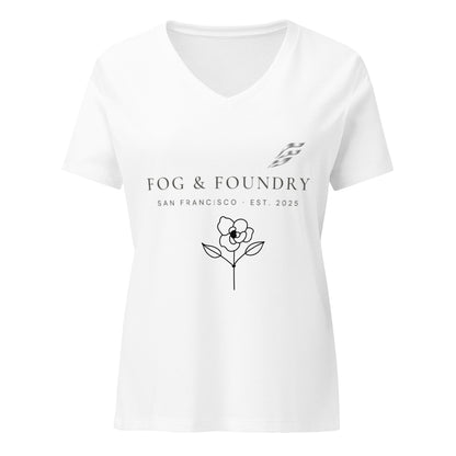 White relaxed V-neck T-shirt for women by Fog & Foundry, shown from the front with a soft, comfortable fit.